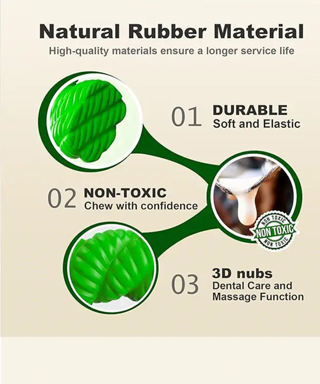 Product description card highlighting natural rubber material features with green illustrations and text.