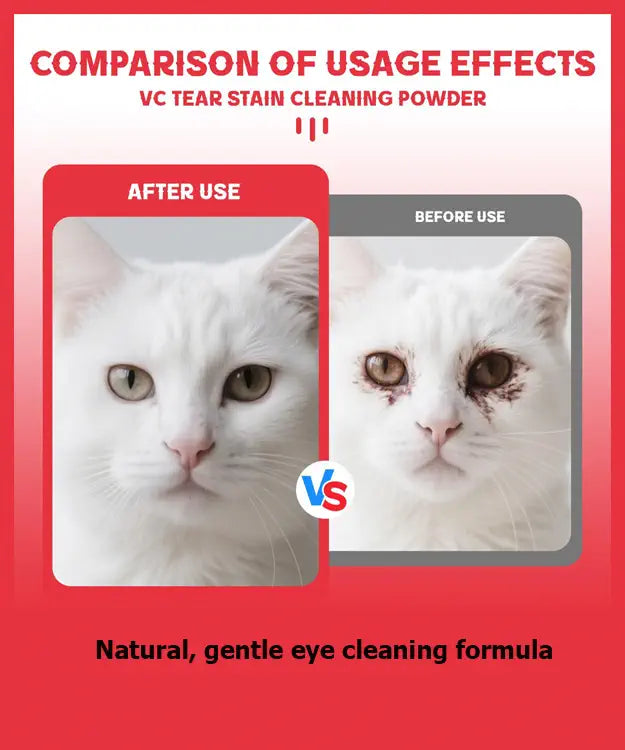 Comparison of a white cat's eyes before and after using VC Tear Stain Cleaning Powder on a red background.