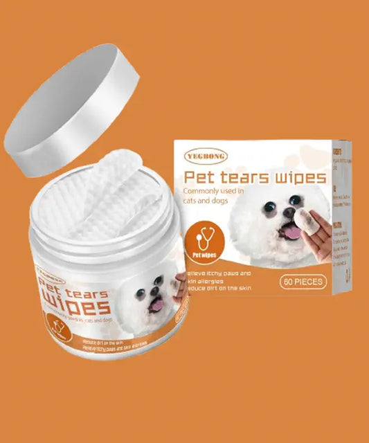 Pet tears wipes container with lid open on an orange background