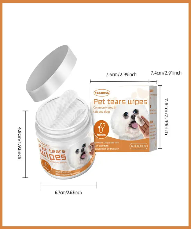 Pet tears wipes container with dimensions and packaging details on a white background