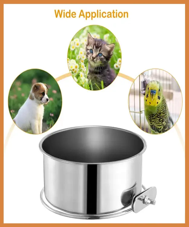 Stainless steel feeder with images of a cat, dog, and parrot on a white background