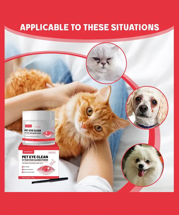 Pet eye cleaning product with a cat and dogs on a red background