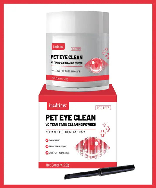 Pet eye cleaning powder with packaging and applicator on a white background