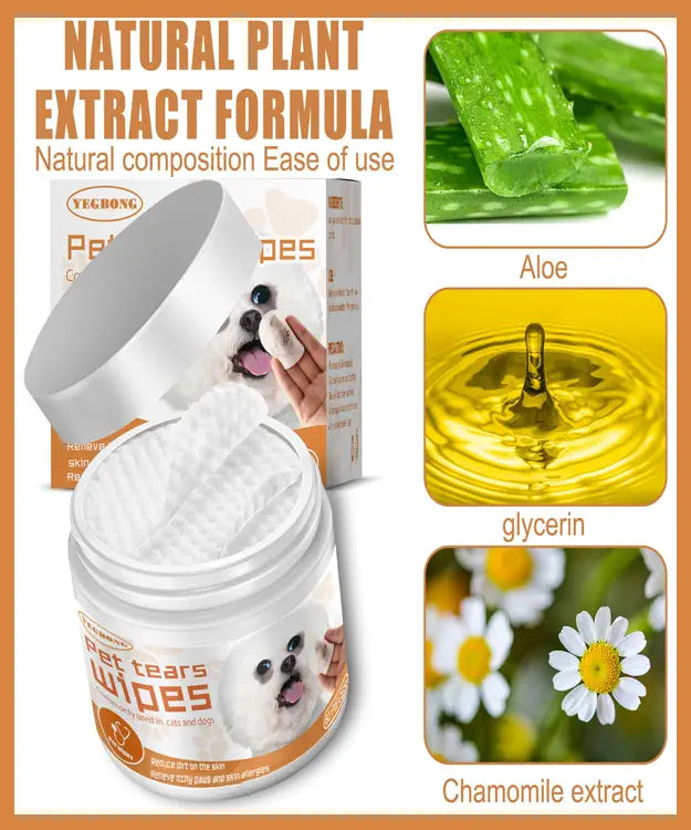 Pet tear wipes with natural plant extract formula, showing aloe, glycerin, and chamomile extract.