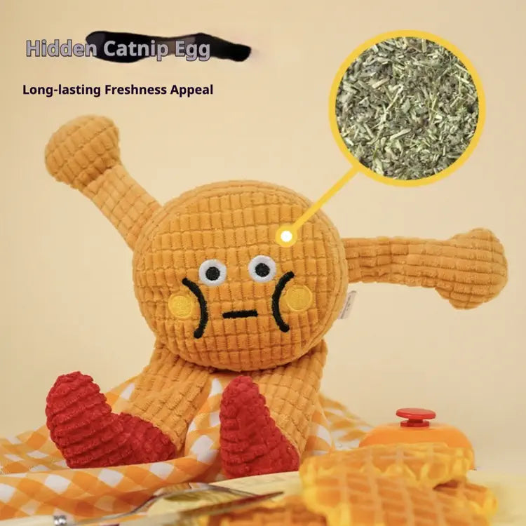 Toy with a hidden catnip egg and close-up of catnip on a beige background