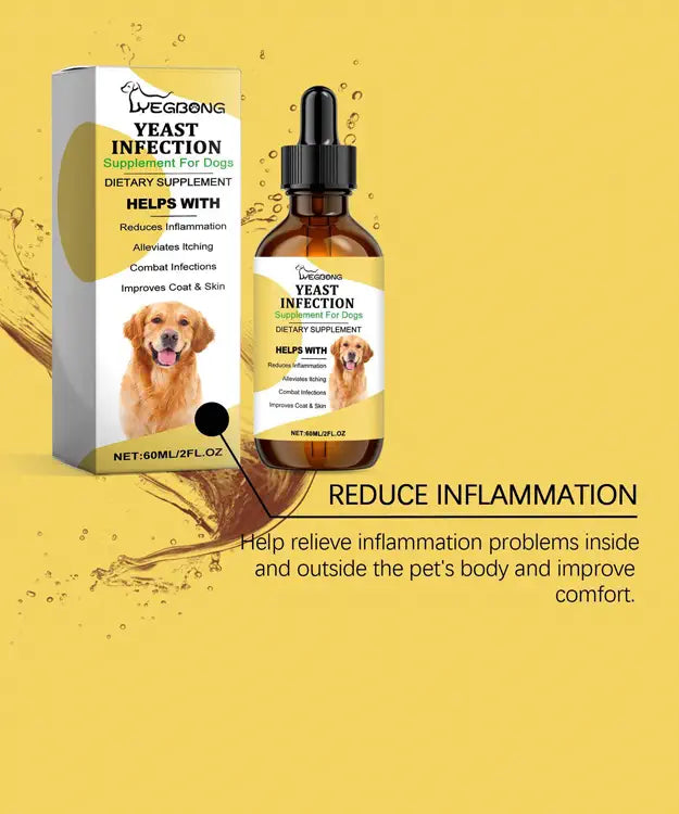 Dog supplement bottle and packaging on a yellow background