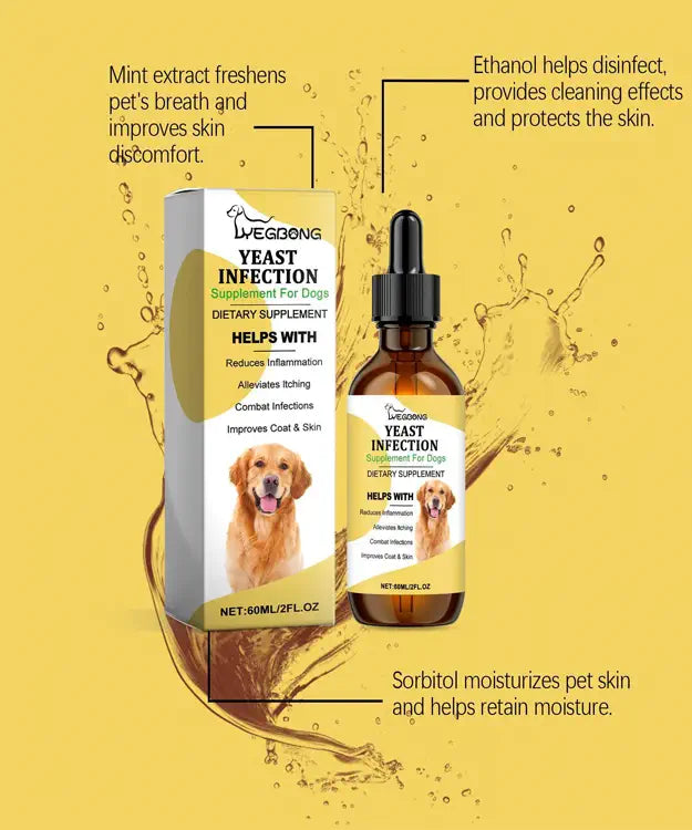 Dog yeast infection supplement with dropper bottle and packaging on a yellow background