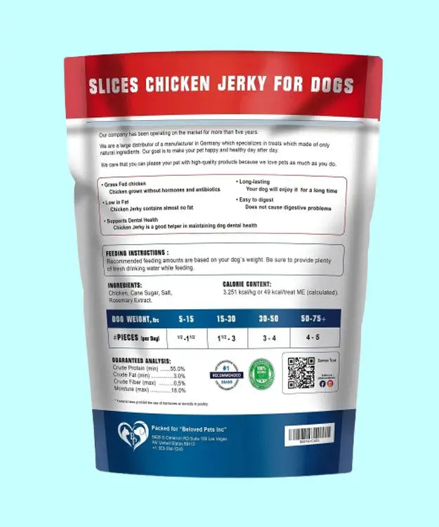 Package of slices chicken jerky for dogs with text and branding on a light blue background