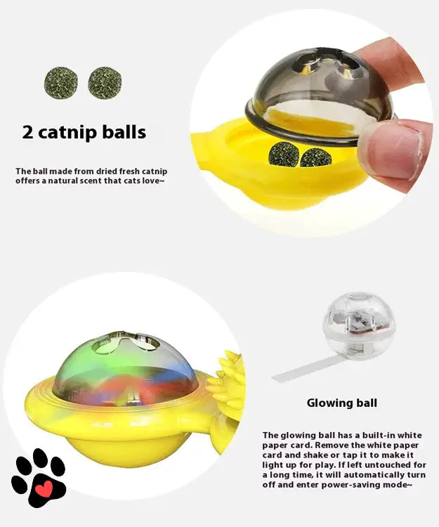 Yellow cat toy with glowing ball and catnip balls on a white background