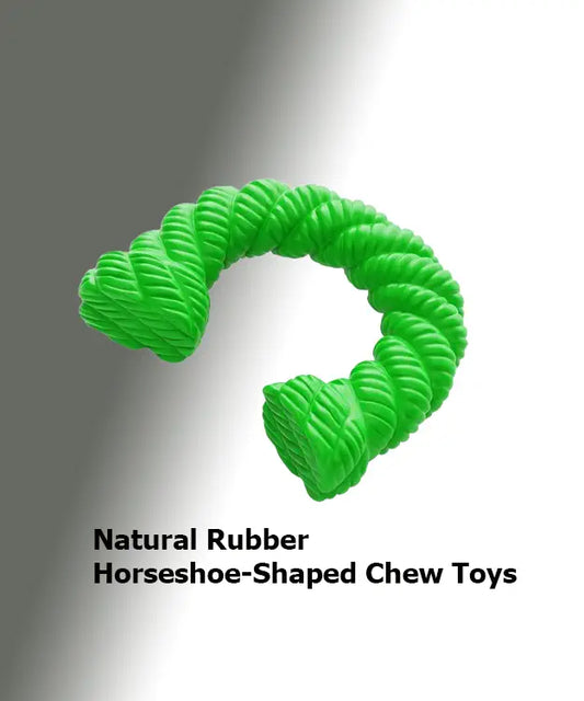 Green horseshoe-shaped chew toy on a gray background with text indicating it is made of natural rubber.