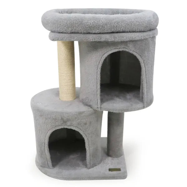 Gray cat tree with multiple levels and a scratching post on a white background