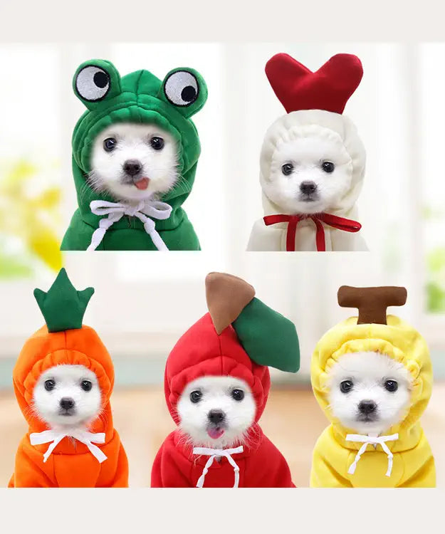 Collage of small white dogs wearing colorful animal-themed costumes on a light background.
