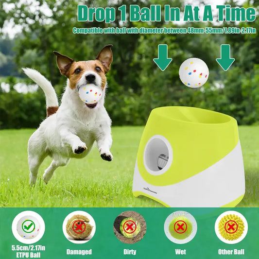Dog playing with a ball launcher on grass with text instructions.