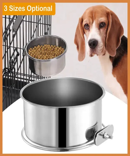 Stainless steel pet food bowl with a dog and food in the background, featuring '3 Sizes Optional' text.