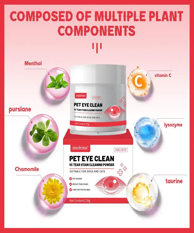 Pet Eye Clean product with plant component icons and text on a pink background