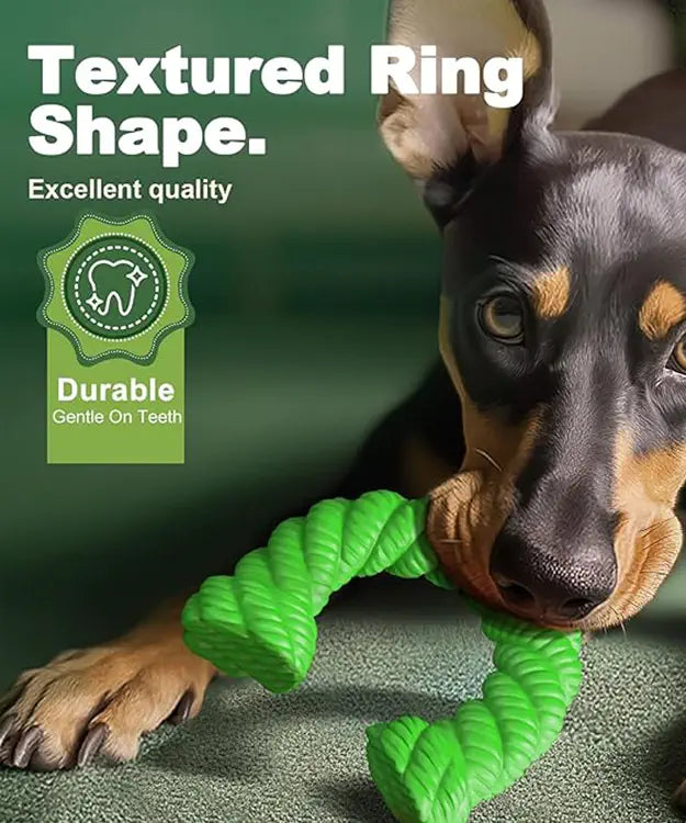 Dog playing with a green textured ring-shaped toy, with text highlighting its qualities.